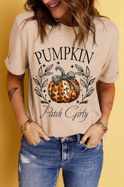 Tan graphic tee with a pumpkin and leopard bow, "Pumpkin Patch Girly" text.