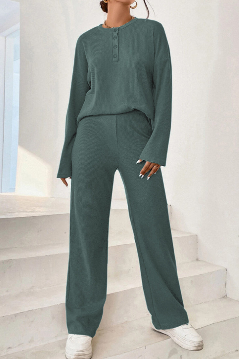 Relaxed ribbed henley set in dark green with button detail and wide leg pants.