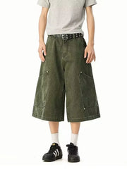 Army green relaxed fit cargo shorts with large front pockets and below-knee length.
