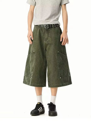 Army green relaxed fit cargo shorts with large front pockets and below-knee length.