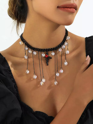 Gothic Rose Cross Dangle Necklace Alloy Resin in Black, close-up detail