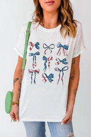 White t-shirt with patriotic bow montage graphic, crew neck, short sleeves.
