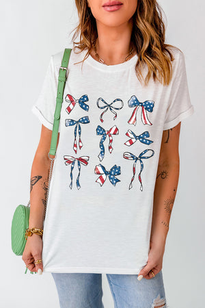 White t-shirt with patriotic bow montage graphic, crew neck, short sleeves.