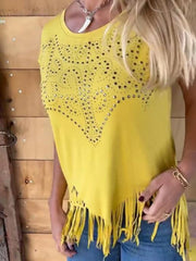 Yellow studded perforated tee with fringe hem and neckline detail
