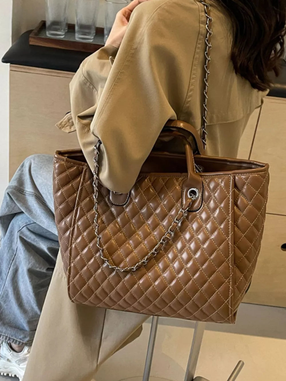 Quilted Chain Shoulder Bag in Brown, side view