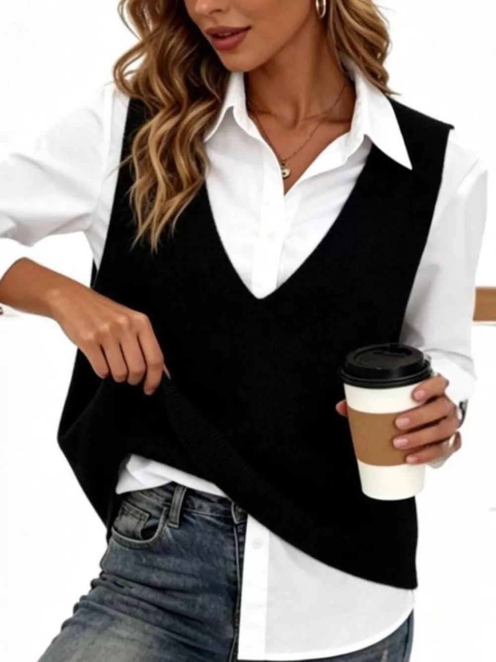 Chic V-neck Sleeveless Knit Sweater Vest Plus Size in White, side view
