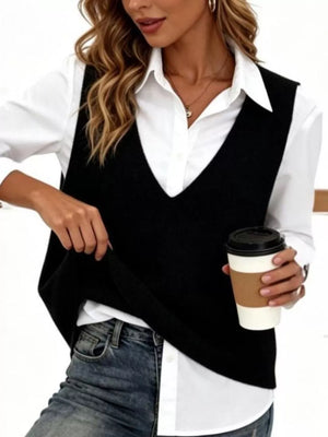 Chic V-neck Sleeveless Knit Sweater Vest Plus Size in White, side view