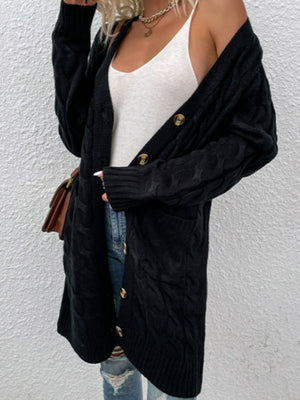 Black cable knit button-down cardigan with pockets, 100% acrylic