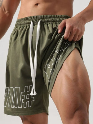 Army green mesh gym shorts with white graphic print and drawstring.