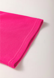 Hot pink V-neck blouse with contrast stitching detail on the sleeve hem.