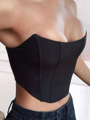 Black structured corset crop top with a sweetheart neckline and boning details.