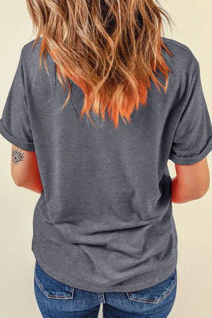 Gray casual t-shirt with rolled short sleeves and a western tattoo graphic on the arm.