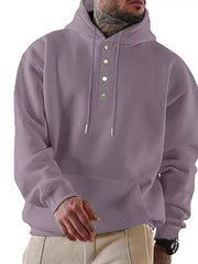 Purple cotton buttoned hoodie with drawstring and kangaroo pocket.