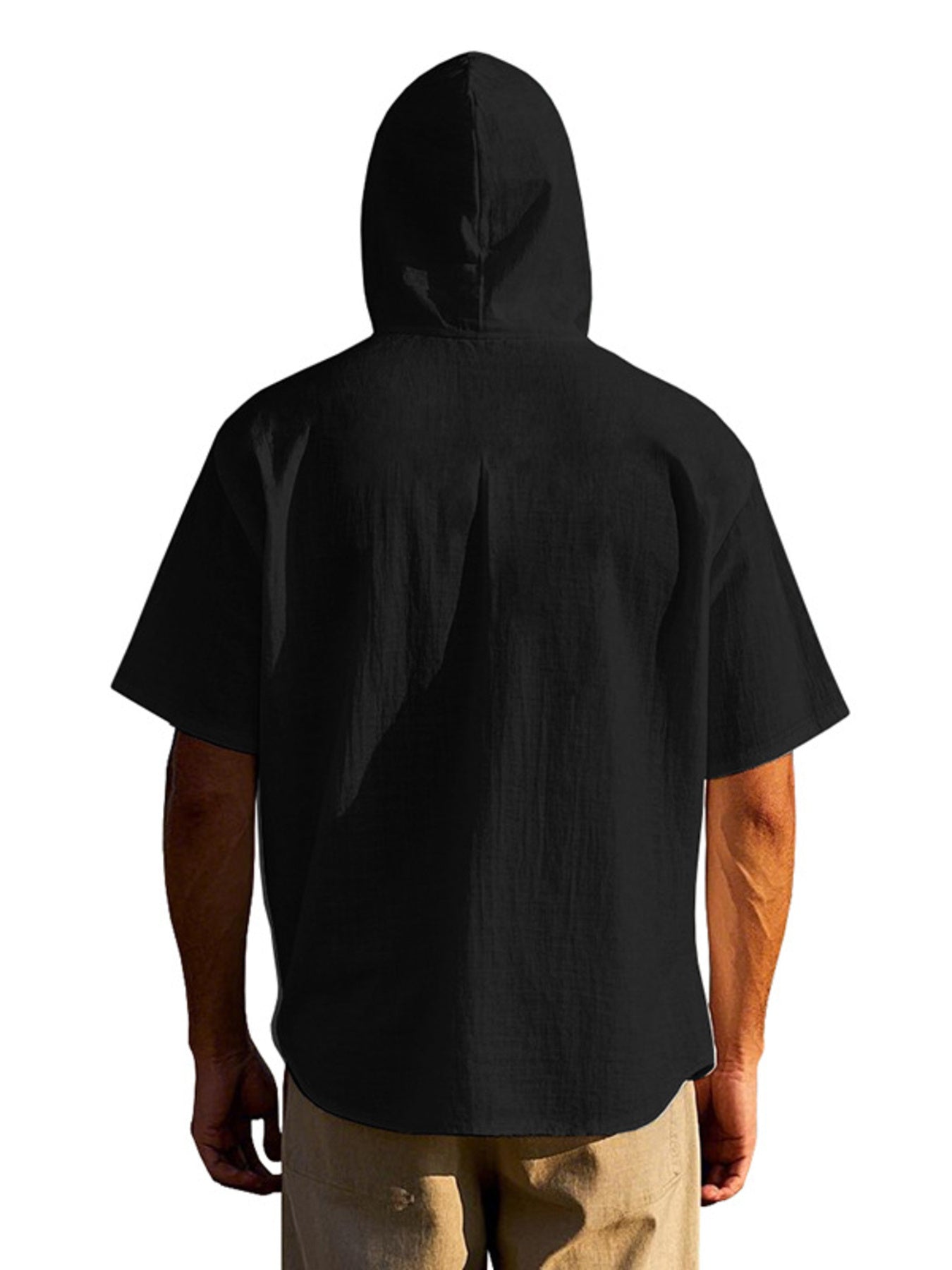 Men's black short sleeve hooded shirt with pocket