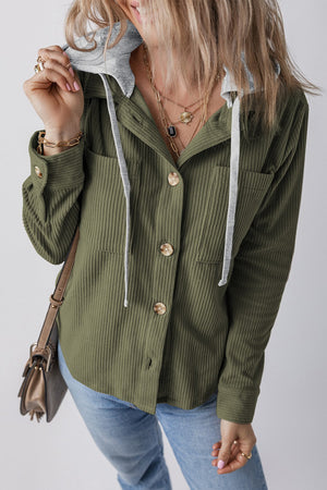 Moss corduroy shirt jacket with contrast hood and button details.