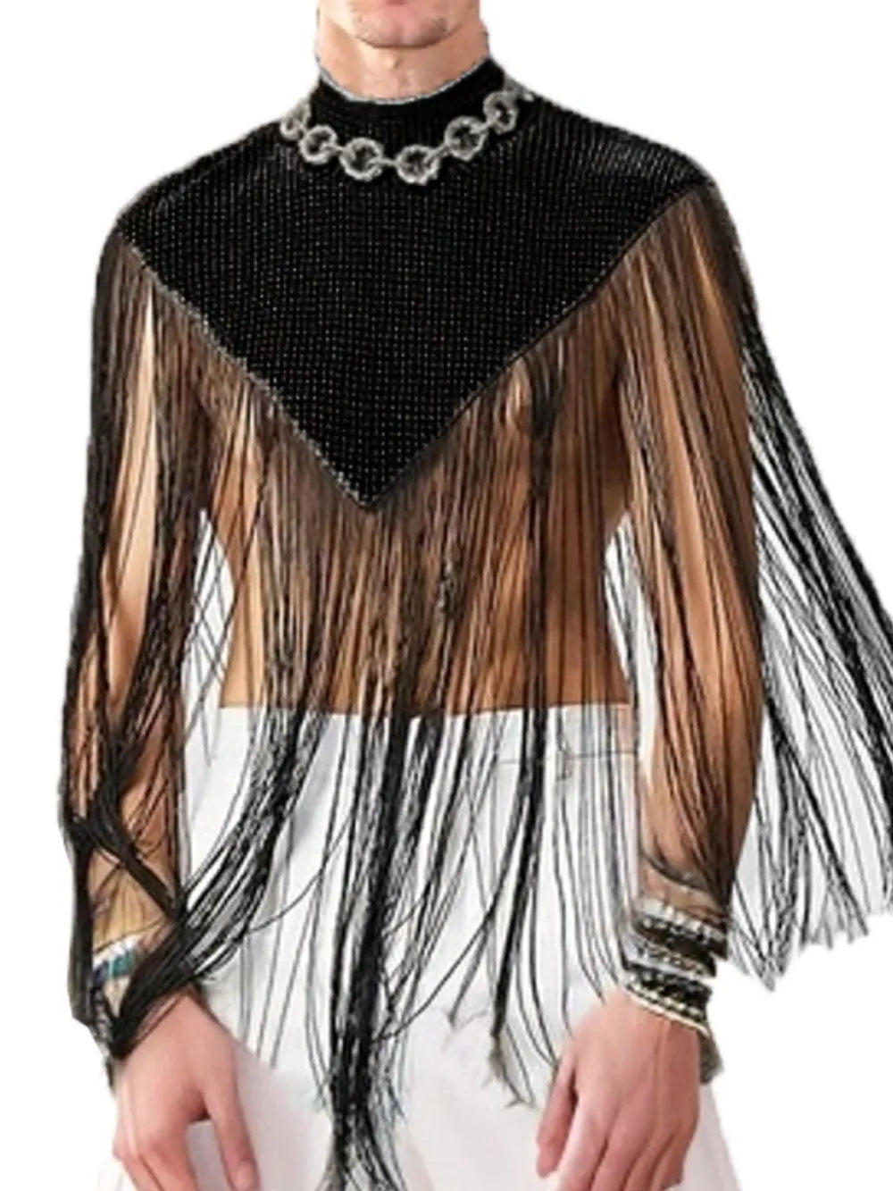 Black embellished collar fringe overlay top with sheer sleeves and V-neck detail.
