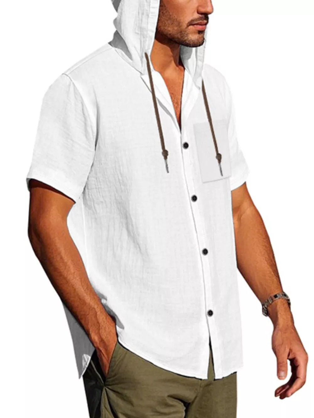 Men's white short sleeve hooded shirt with pocket and button front