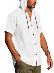 Men's white short sleeve hooded shirt with pocket and button front