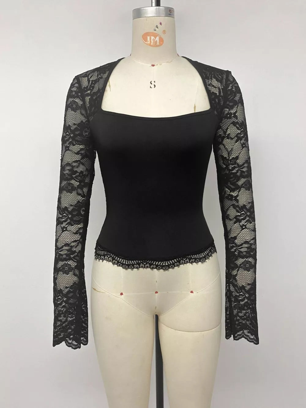 Lace Sleeve Square Neck Top in Black, alternate angle