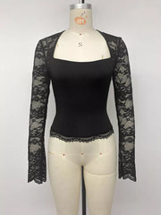 Lace Sleeve Square Neck Top in Black, alternate angle