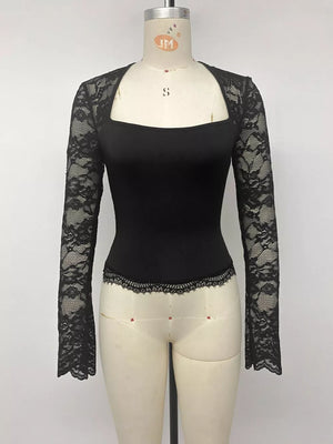 Lace Sleeve Square Neck Top in Black, alternate angle