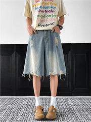 Light-wash denim shorts with distressed details and raw hem, men's casual cotton shorts.