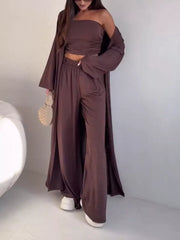 Strapless Ruched Crop Top & Wide-leg Pants Set in Black, model styling view