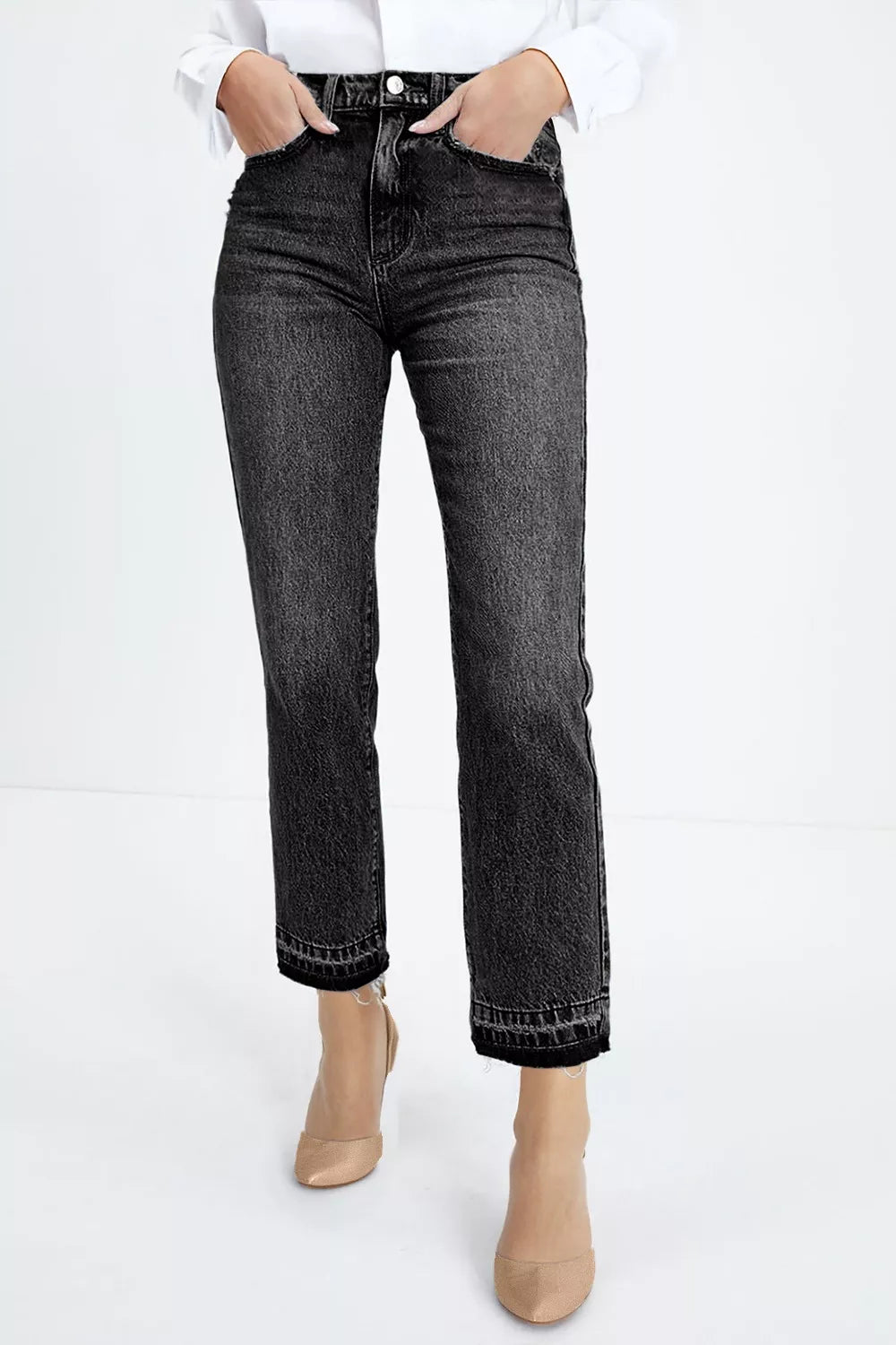 Charcoal washed denim maternity jeans with distressed raw hem