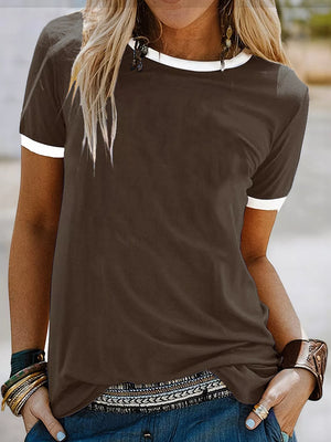 Coffee t-shirt with white contrast trim neckline and sleeves, relaxed fit, short sleeves.