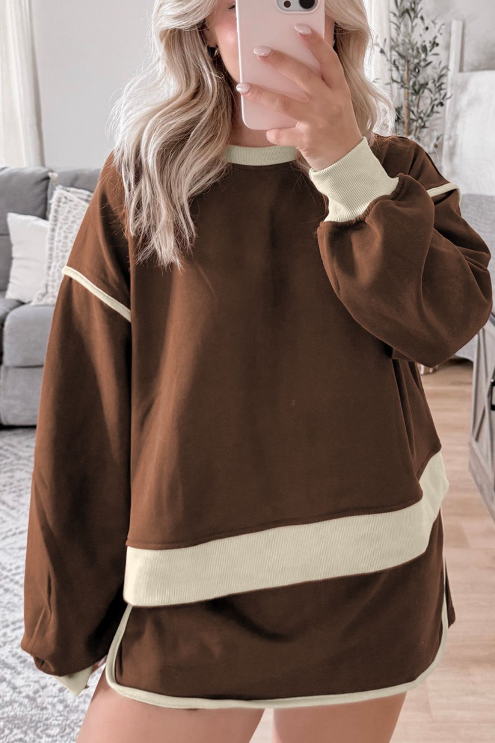 Coffee brown sweatshirt and skort set with contrast trim and crew neckline