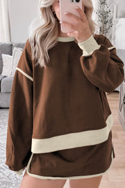 Coffee brown sweatshirt and skort set with contrast trim and crew neckline