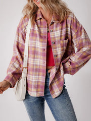 Oversized pink plaid shacket with button front, classic collar, and chest pocket.