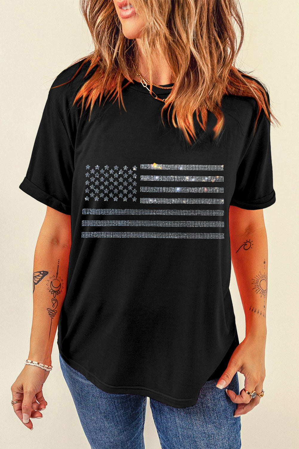 Black cotton-blend tee with embellished crystal American flag graphic.