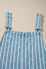 Striped distressed denim overalls with adjustable straps and metal hardware.
