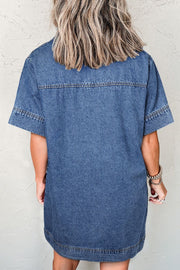 Light blue denim mini dress with short sleeves and a relaxed fit.