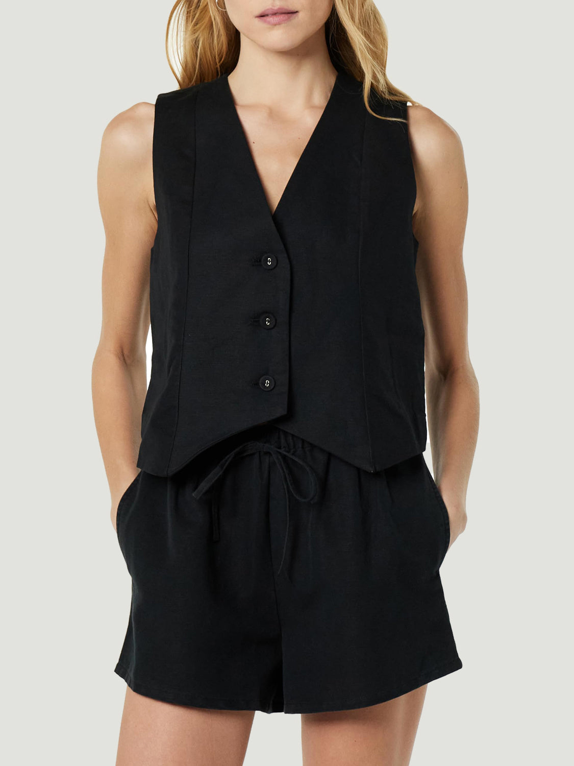 Black linen vest with button front and drawstring shorts set