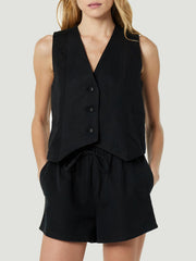Black linen vest with button front and drawstring shorts set