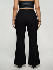 Black ribbed high-waist flare maternity trousers with a buckle detail.