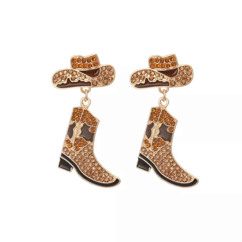 Cowboy hat and boot dangle earrings in brown with crystal embellishments.