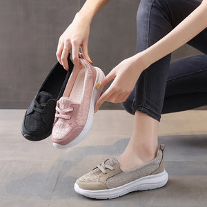 Mesh and leather slip-on flats in beige, black, and dusty pink with platform soles.