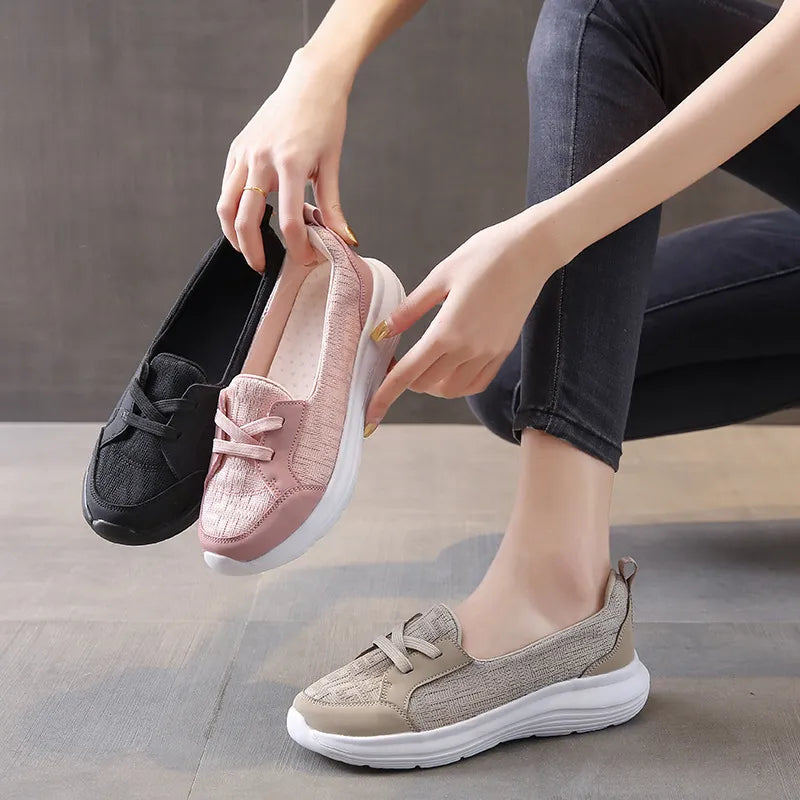Mesh and leather slip-on flats in beige, black, and dusty pink with platform soles.