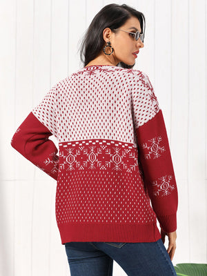 Deep Red acrylic snowflake jacquard button-down cardigan with white dot and snowflake patterns.