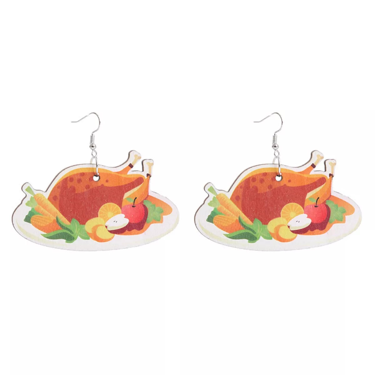 Dangle earrings featuring a roasted turkey dinner with carrots and apples on a white platter.