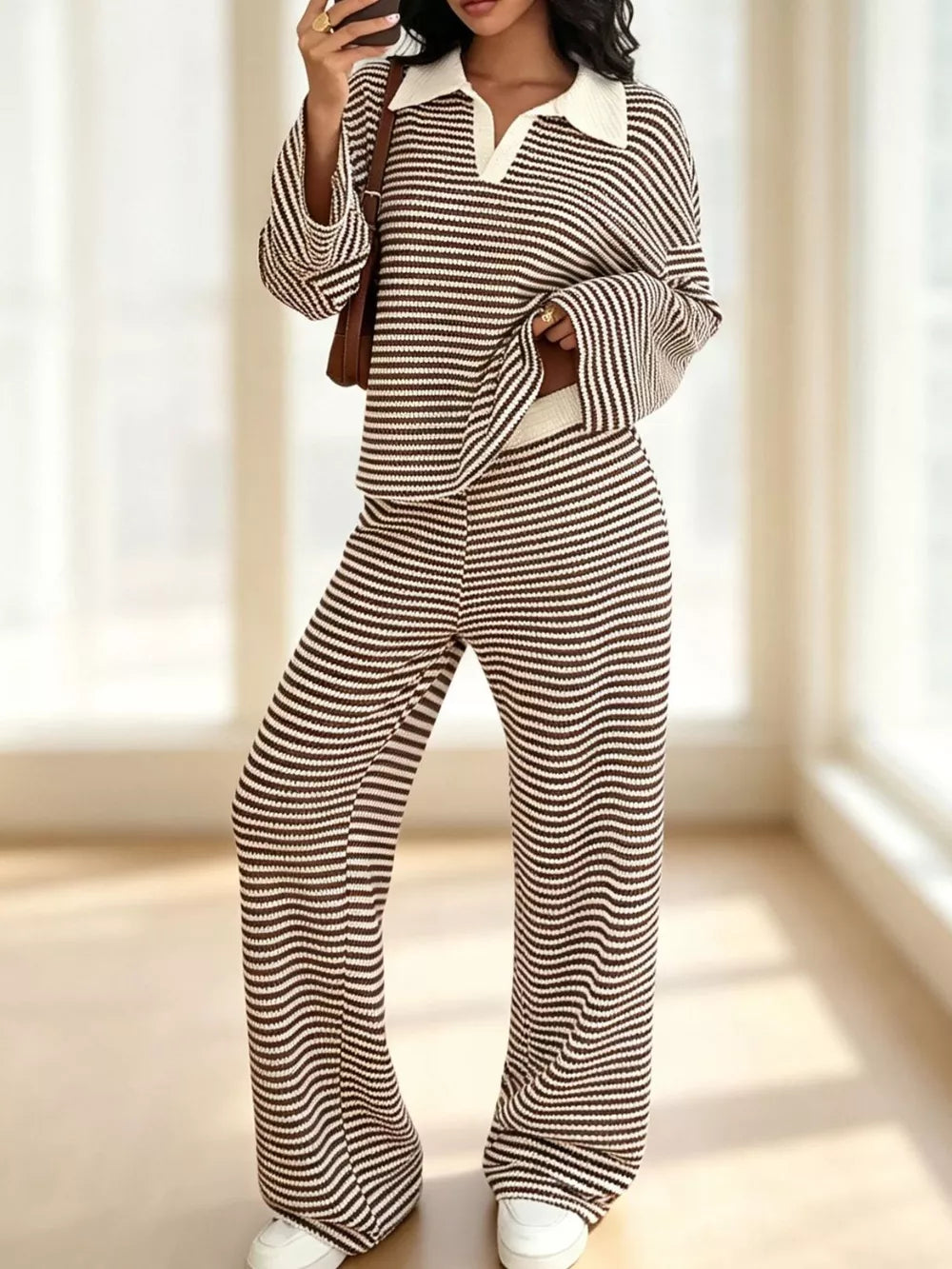 Striped Long Sleeve Polo And Wide-leg Pants Set in Green, view 19
