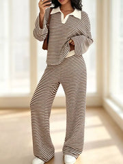 Striped Long Sleeve Polo And Wide-leg Pants Set in Green, view 19