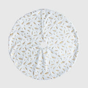 White Christmas tree skirt with gold feather pattern, Style A