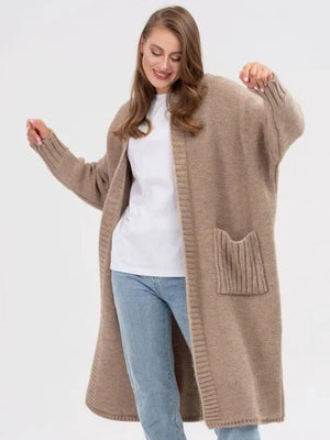 Oversized khaki knit cocoon cardigan with pockets and ribbed cuffs.