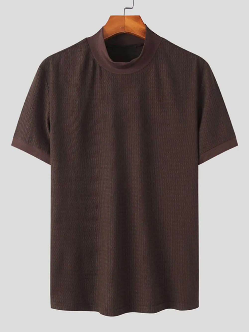 Textured knit mock neck tee in coffee brown with short sleeves.