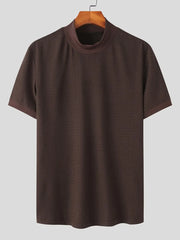 Textured knit mock neck tee in coffee brown with short sleeves.