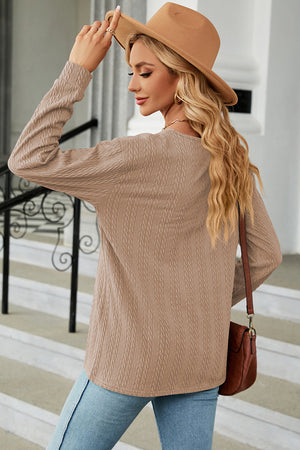 Khaki textured cable-knit henley pullover with long sleeves and a crew neck.